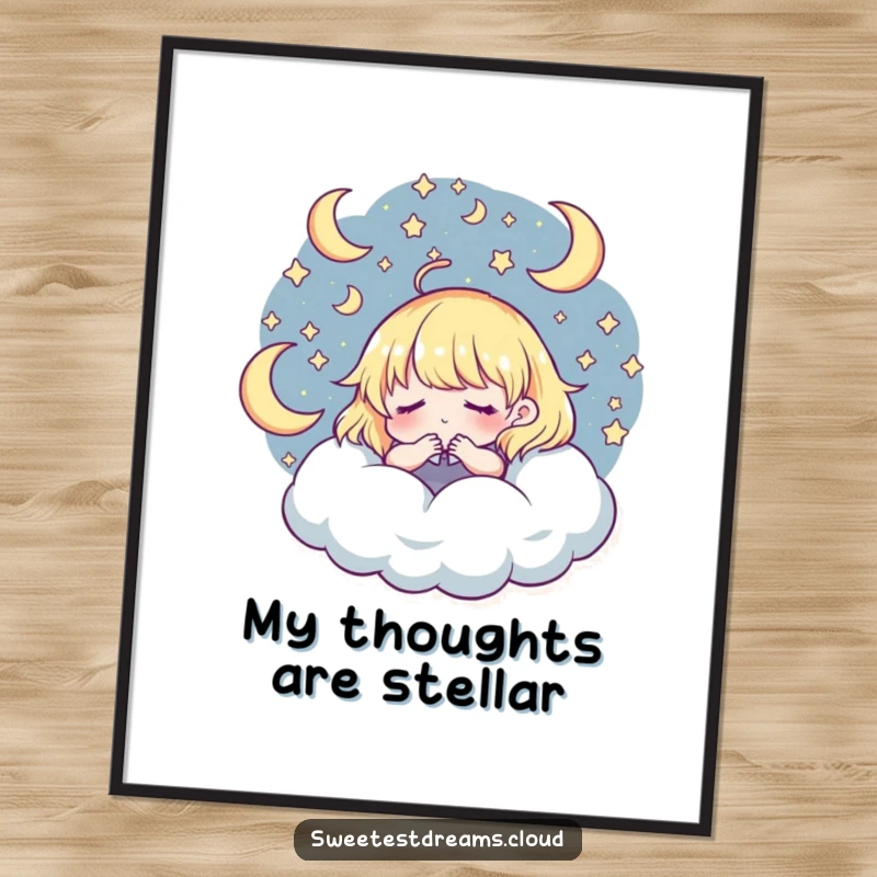 Funny Poster: Character dreaming vividly, surrounded by a swirling universe of stars and moons, a funny wall art.