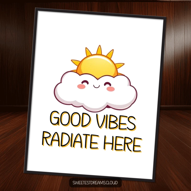 Funny Sunny Sun Poster featuring a bright, smiling sun peeking from playful clouds, creating cheerful and humorous wall art.