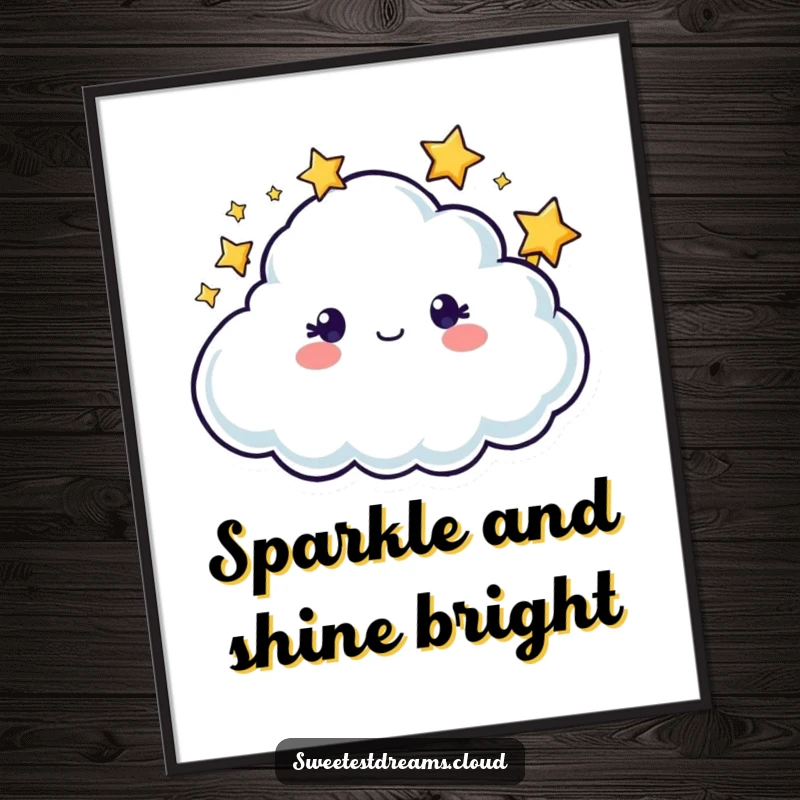Funny cloud character with twinkling stars encircling its head, creating a whimsical and humorous art print.