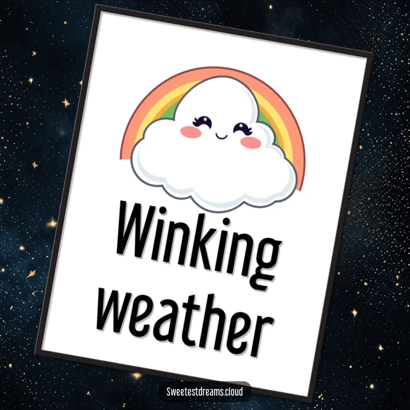 Funny poster depicting a cloud with a mischievous smile winking from behind a bright rainbow, creating a fun and colorful wall art piece.