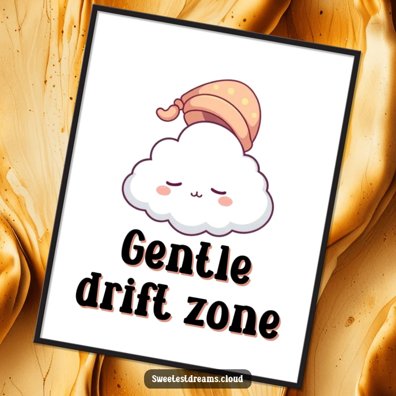 Funny cloud character poster wearing a tiny sleeping cap, floating gently. Humorous wall art promoting serenity and tranquil slumber.