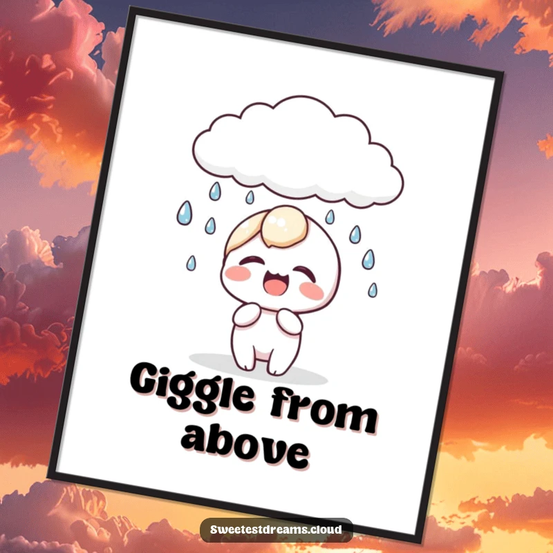Funny kawaii character poster featuring a cute character laughing joyfully as glittering dewdrops fall from a fluffy cloud.