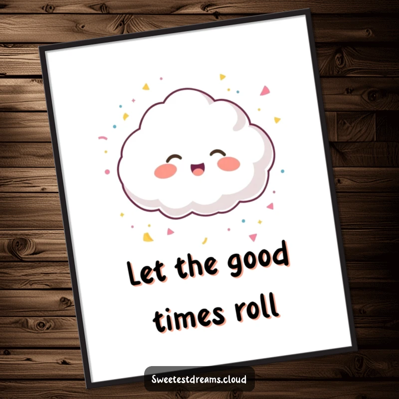 Funny poster of a giggling cloud character gleefully tossing confetti, creating a vibrant and festive atmosphere.