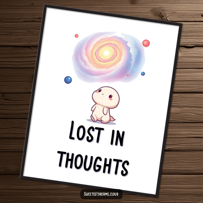 Funny kawaii character looking up with wonder at a swirling nebula, evoking cosmic awe. This poster is a humorous wall art gift.