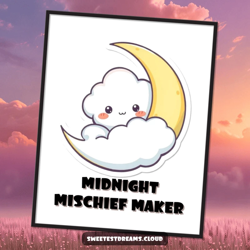 Funny poster depicting a cloud character playfully peeking from behind a crescent moon, creating a magical atmosphere.