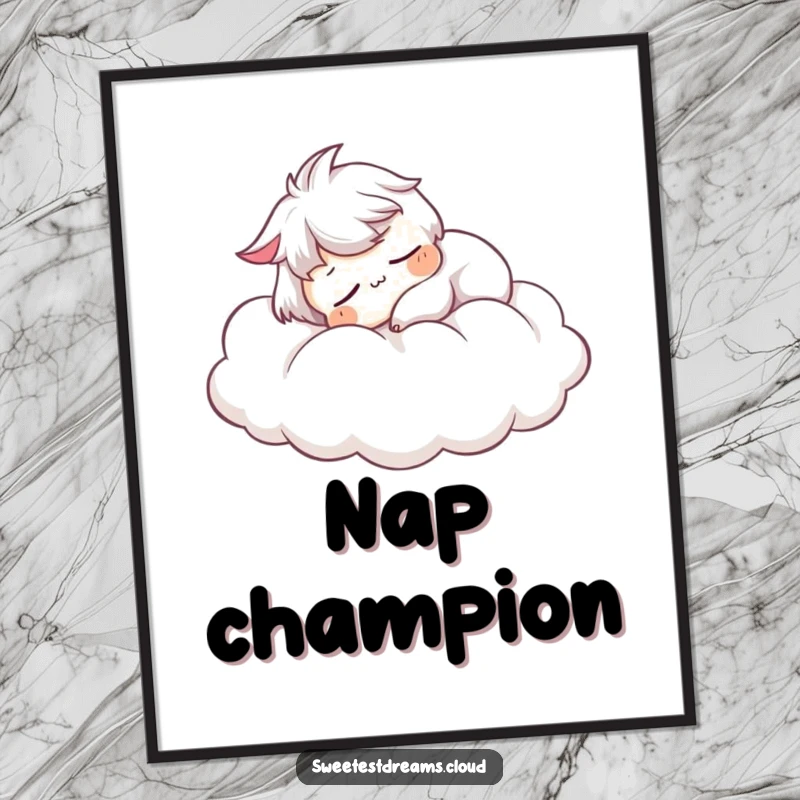 Funny Poster: Character in a deep, peaceful sleep on a fluffy cloud, a serene and funny wall art.