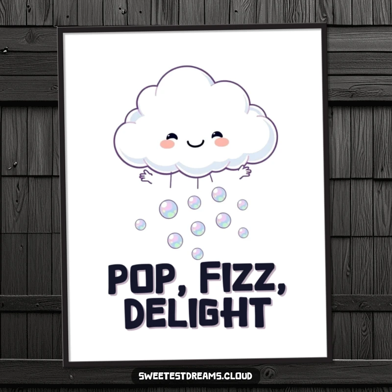 Funny poster art of a happy cloud character with open arms catching iridescent bubbles falling from above.