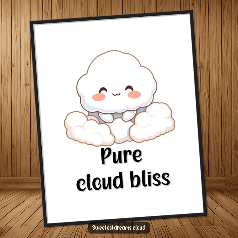 Funny poster of a content cloud character with a gentle smile, resting among soft, fluffy clouds, evoking serene comfort.