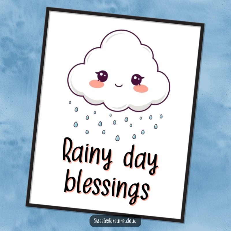 Funny poster print of a cloud character gently raining tiny, sparkling drops, embodying humorous magic and cheerful ambiance.