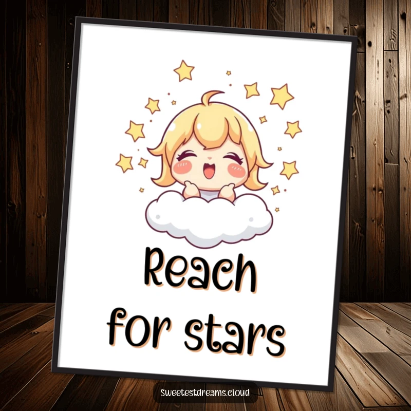 Funny Poster: A character giggles while chasing shimmering stars around a cloud, creating a lively and humorous art piece.