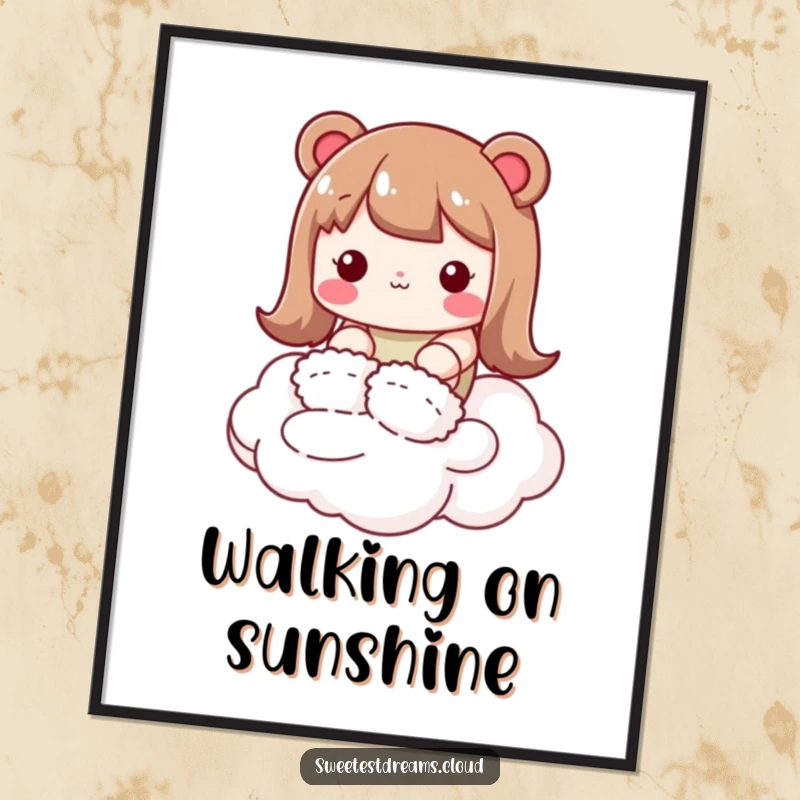 Funny kawaii character poster, wearing fluffy slippers, tiptoeing on a cloud, whimsical and humorous wall art.