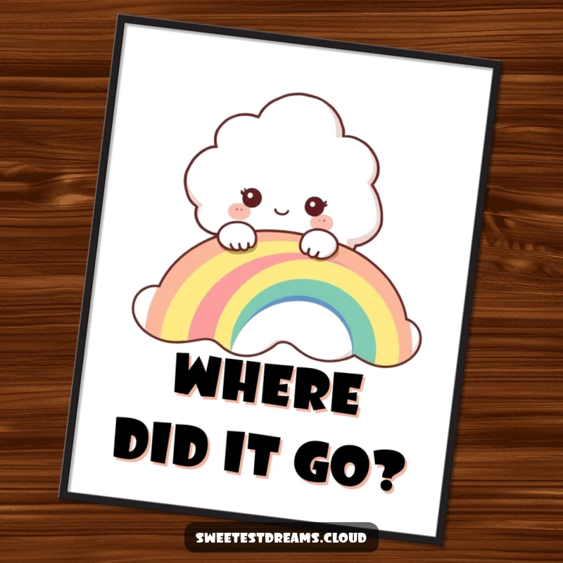 Funny poster showcasing a curious cloud character peering over a vibrant rainbow, bringing a sense of wonder and joy.