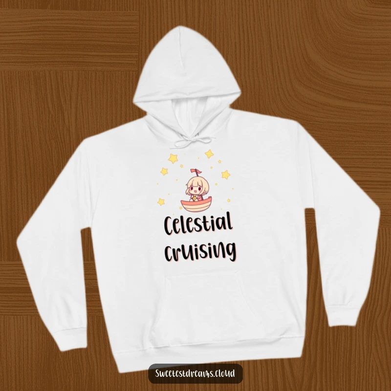 Funny hoodie illustration of a character sailing through a starry expanse, embodying peaceful exploration.