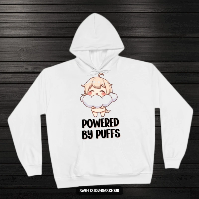 Funny Hoodie featuring a cheerful character happily blowing fluffy cloud shapes, designed for ultimate comfort and humor.