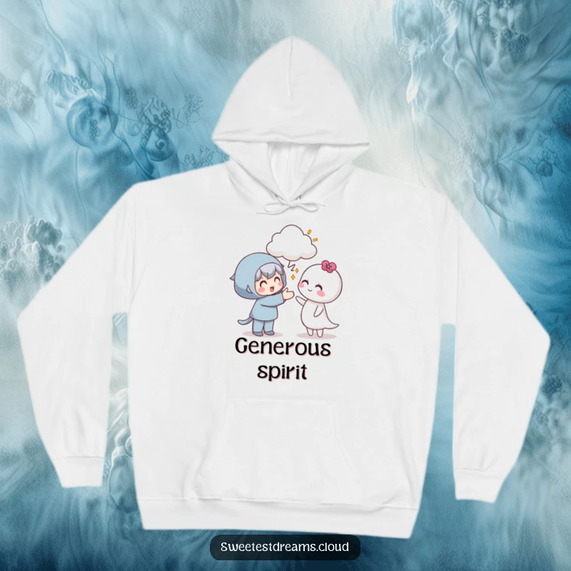 Funny hoodie illustration of a character generously offering a cloud, embodying warmth and friendship.