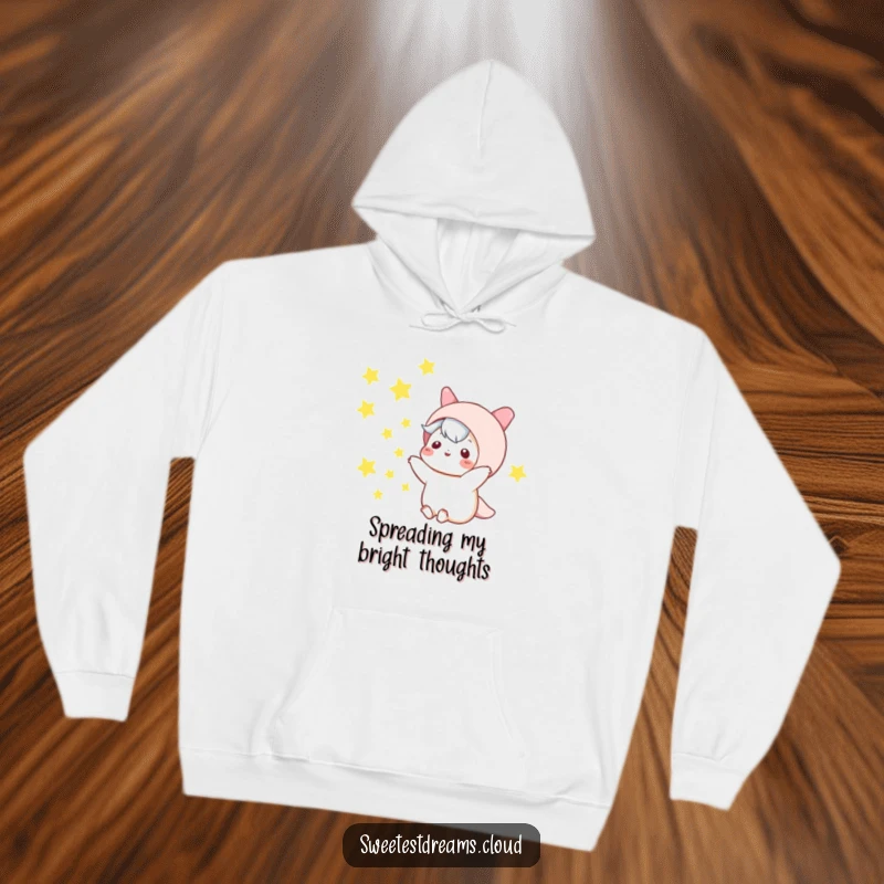 Funny kawaii character hoodie, playfully tossing stars into the night, cozy and humorous loungewear.