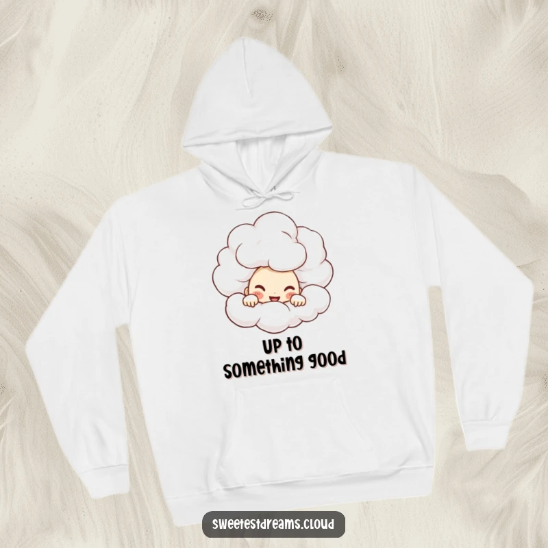 Funny Hoodie featuring a character peeking slyly from behind a cloud, wearing a mischievous grin for cozy intrigue.