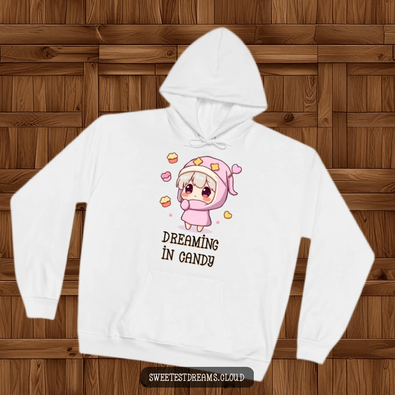 Funny Hoodie depicting a character in a nightcap marveling at a magical display of floating sweets, embodying sweet dreams.