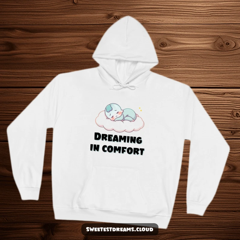 Funny Hoodie: A character sleeps soundly on a cloud, smiling peacefully, offering humorous warmth and serene comfort.