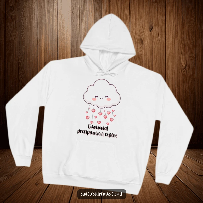 Funny hoodie featuring a lovable cloud character gently raining down tiny, shimmering hearts, a symbol of affection.
