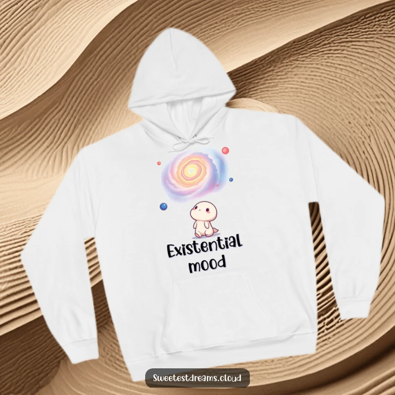 Funny kawaii character looking up in awe at a swirling nebula, perfect for cozy stargazing. This hoodie is a humorous cosmic gift.
