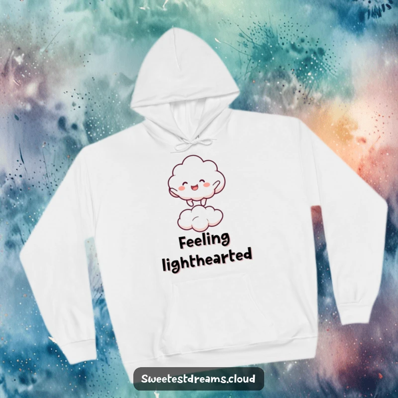 Funny cloud character joyfully bouncing on a smaller cloud. Cozy, humorous hoodie.