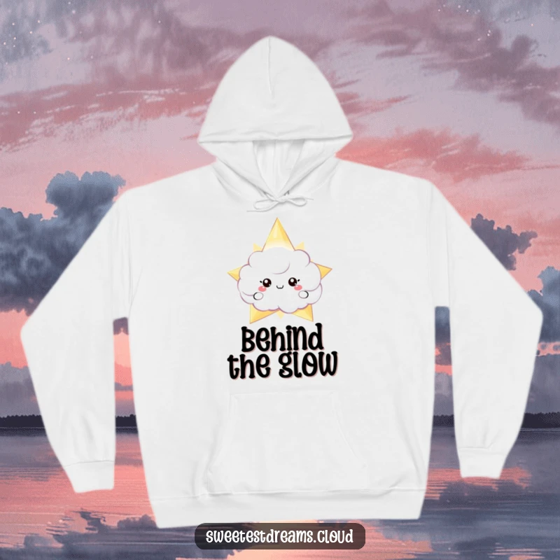Funny hoodie depicting a cute cloud character peeking from behind a bright, shimmering star, offering cozy celestial charm.