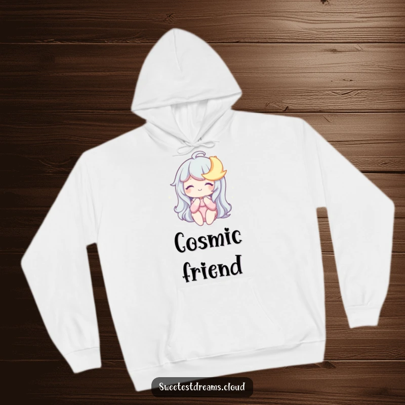 Funny Hoodie depicting a character sharing a dreamy smile with a sleepy, adorable moon, embodying cozy nighttime magic.