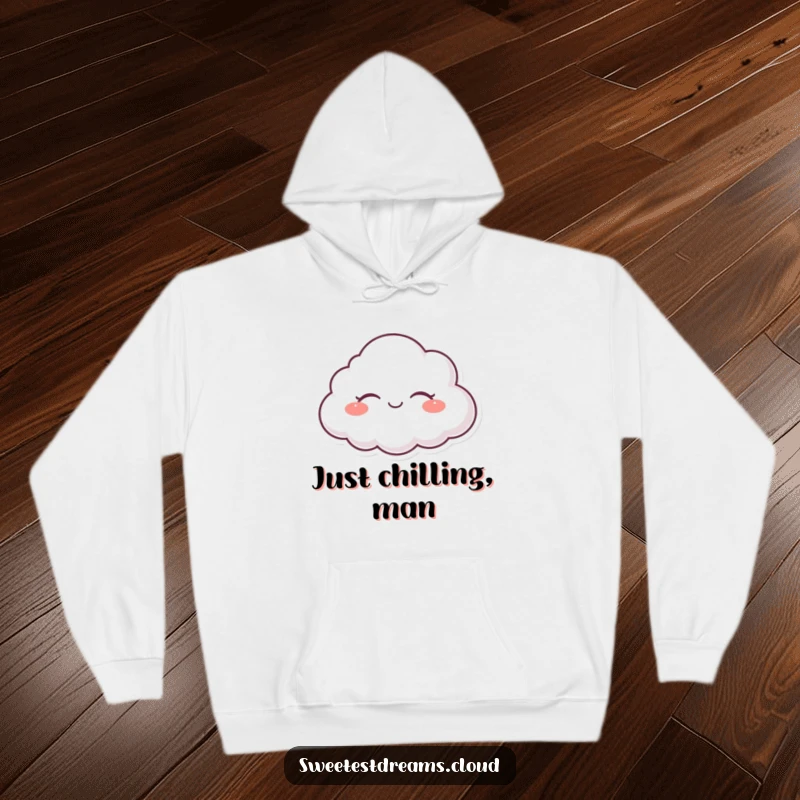 Funny hoodie with a depiction of a happy, serene cloud character floating peacefully with closed eyes.