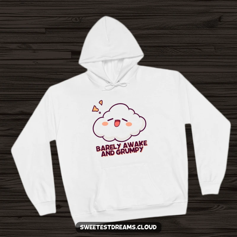 Funny cloud character yawning widely with a sleepy grin, featured on a warm and humorous hoodie.