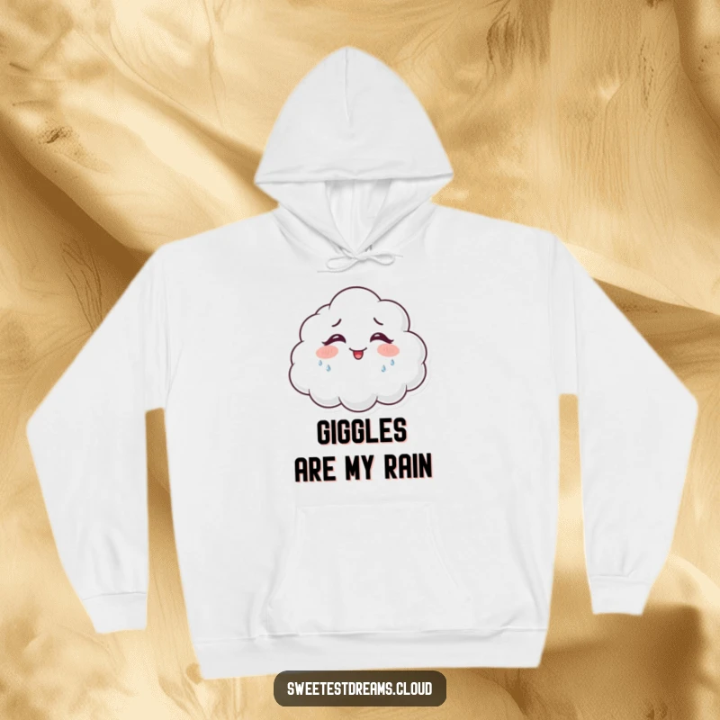 Funny giggling cloud hoodie featuring a happy cloud character laughing heartily, shedding sparkling tears of joy.
