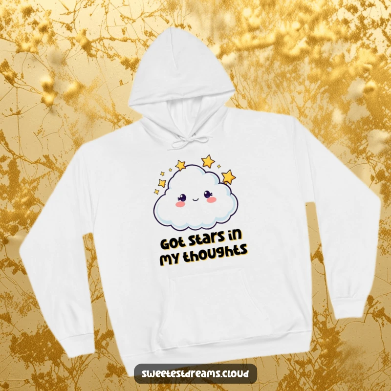 Funny cloud character with twinkling stars around its head, featured on a warm and humorous hoodie.