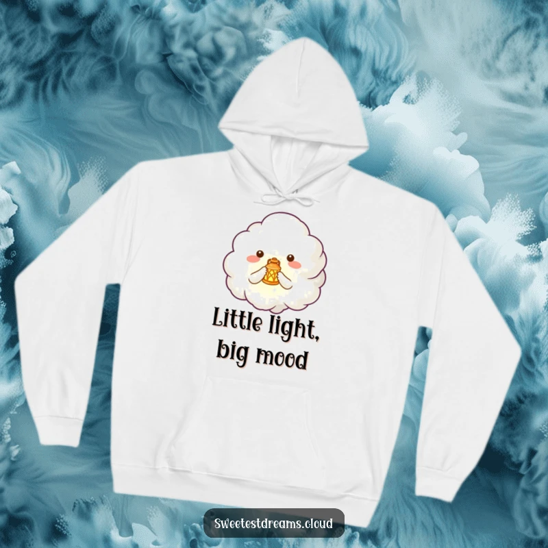Funny hoodie featuring a whimsical cloud creature holding a tiny, glowing lantern, embodying curiosity and magic.