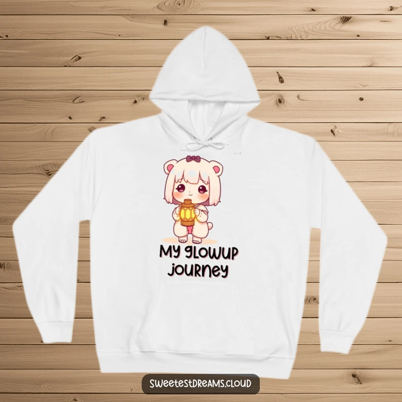 Funny kawaii character hoodie featuring a cute character holding a miniature, glowing lantern, casting a soft light.