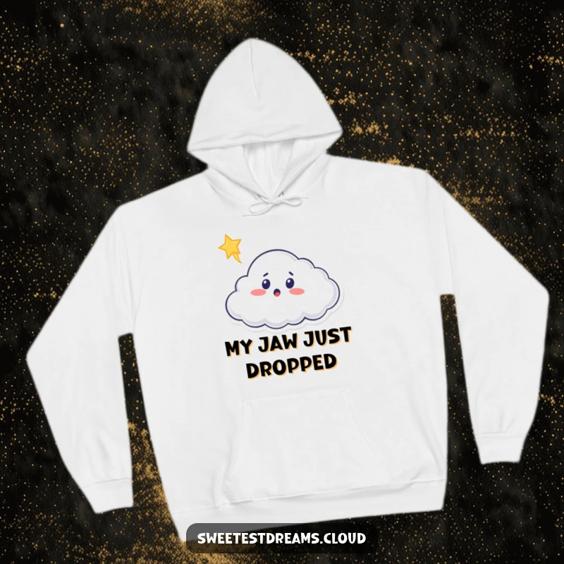 Funny cloud hoodie with a surprised cloud character reacting to a shooting star, ideal for cozy stargazing.