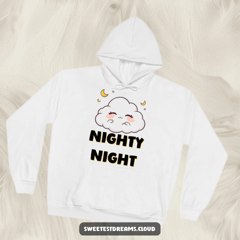 Funny hoodie featuring a sleeping cloud character adorned with tiny crescent moons, offering ultimate comfort and dreamlike vibes.
