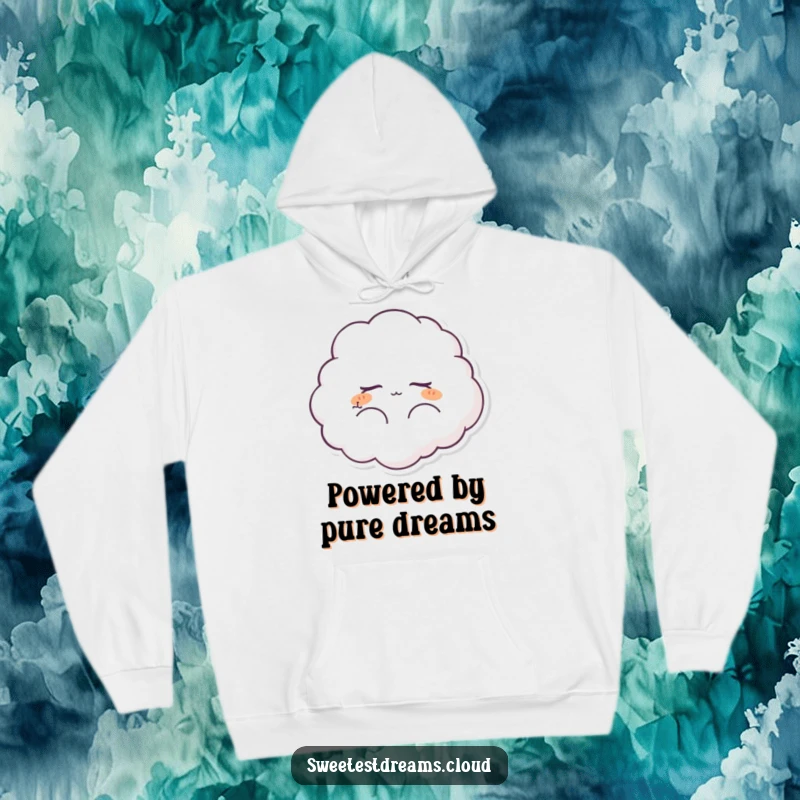 Funny fluffy cloud character hoodie, peacefully dreaming with closed eyes. Cozy apparel designed for ultimate comfort and peaceful vibes.