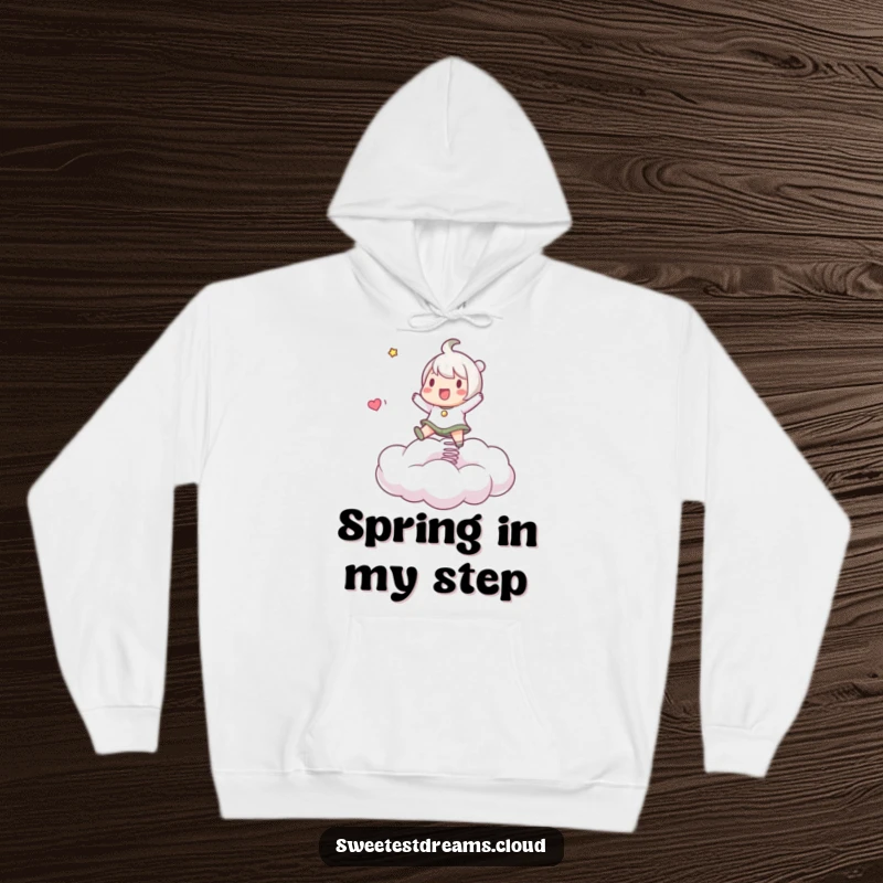 Funny Hoodie with a character energetically bouncing on a springy cloud, designed for comfort and playful vibes.