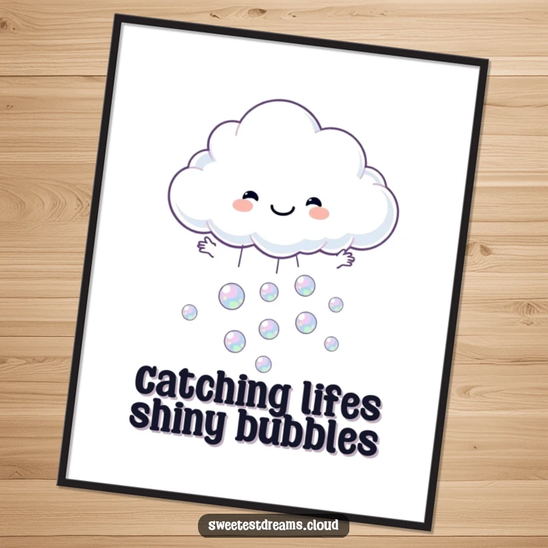 Funny Free Printable Wall Art: A smiling cloud character joyfully catches a stream of iridescent bubbles in its soft arms.