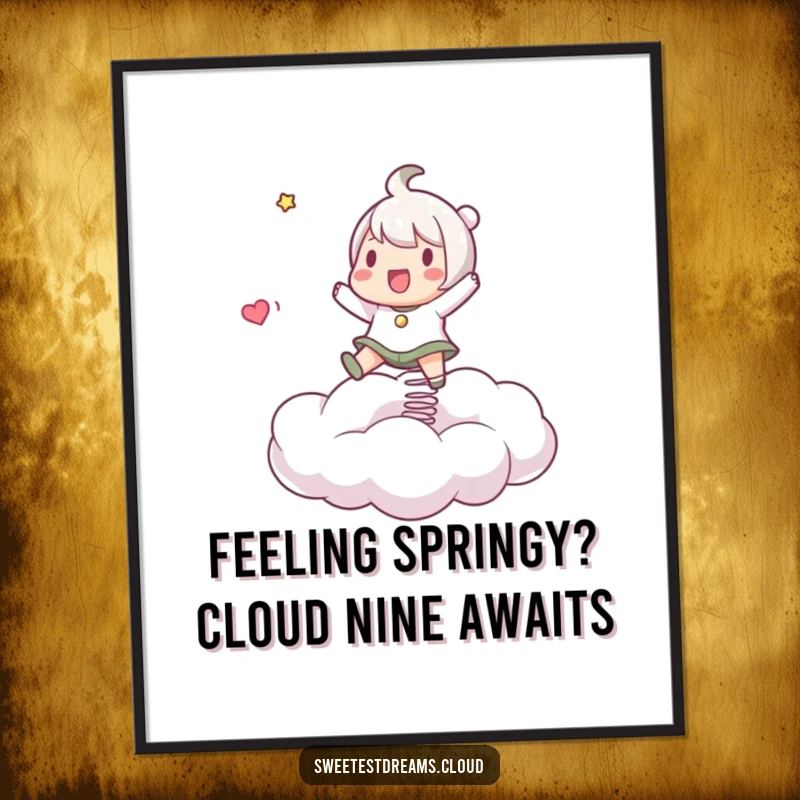 Funny Free Printable Wall Art: Character playfully bouncing on a springy cloud, energetic downloadable art for a happy vibe.