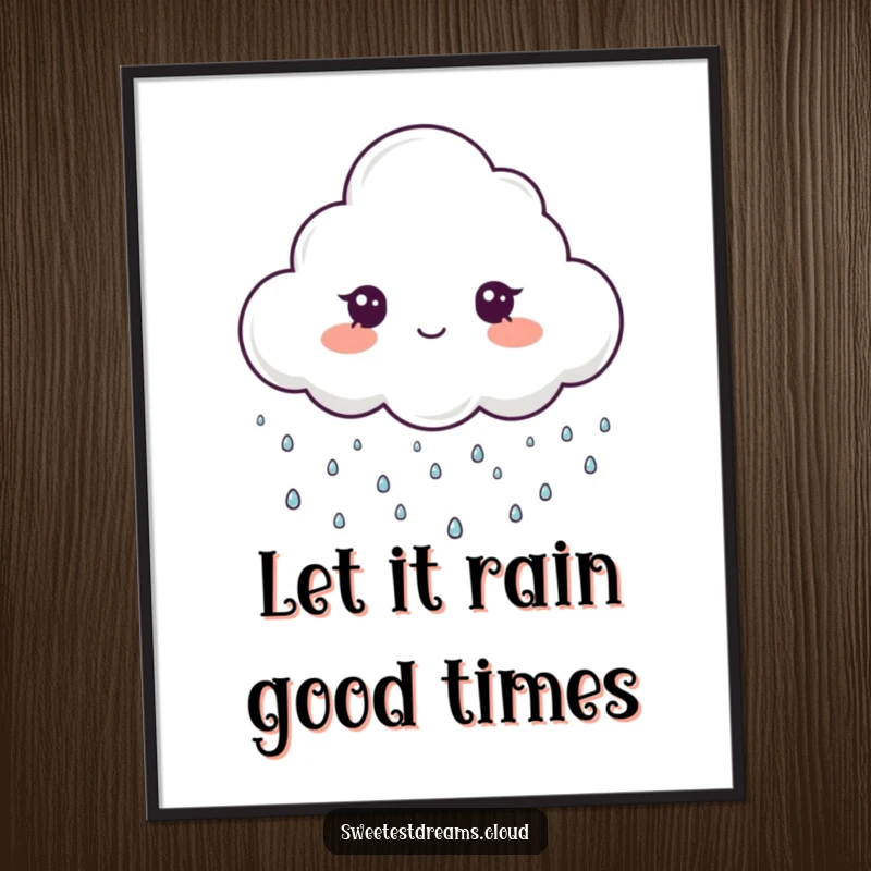 Funny Free Printable Wall Art: A cheerful cloud character gently rains tiny sparkling drops, adding magical charm.