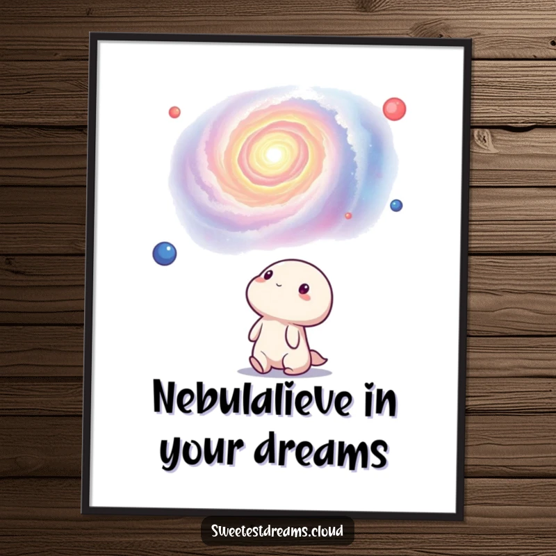 Funny Free Printable Wall Art showcasing a kawaii character gazing in awe at a vast, swirling, colorful nebula in outer space.