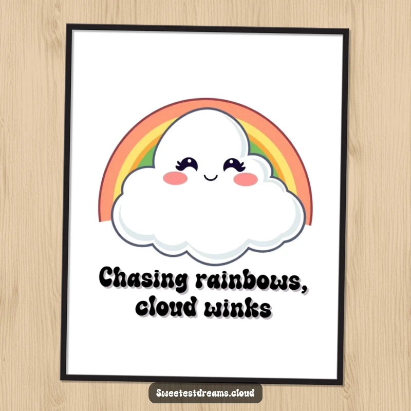 Funny Free Printable Cloud Wall Art: A cloud with a mischievous smile peeks from behind a vibrant rainbow, winking playfully.