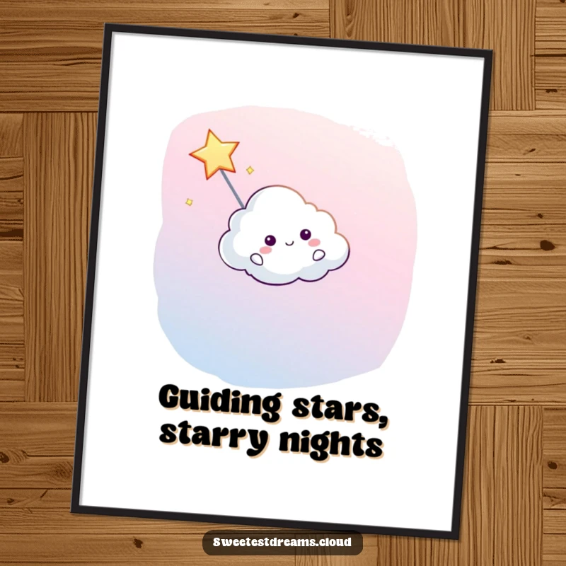 Funny Free Printable Wall Art: A smiling cloud character gently steers a bright shooting star across the vast sky.