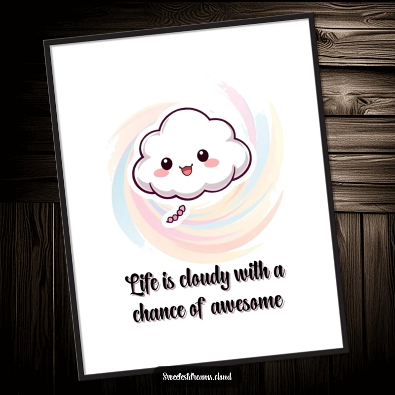 Funny Free Printable Wall Art depicting a cheerful cloud character playfully floating amidst vibrant pastel swirls. Perfect downloadable decor.
