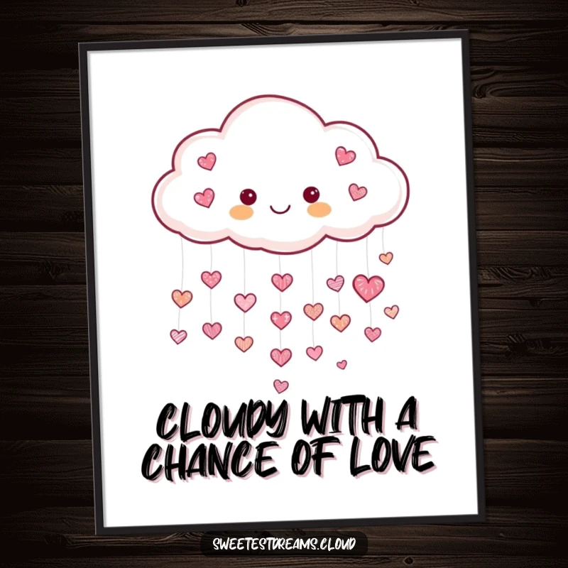 Funny Free Printable Wall Art depicting a cheerful cloud raining a gentle cascade of tiny, shimmering hearts, bringing love.