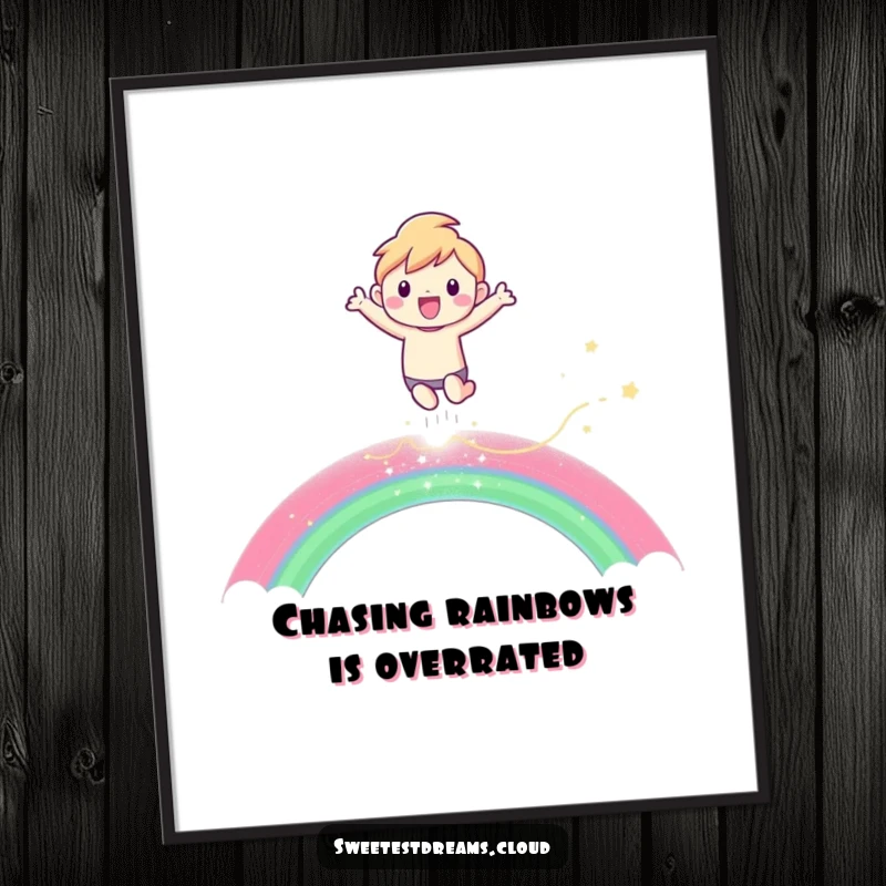 Funny Free Printable Wall Art: Character leaping joyfully over a shimmering rainbow, a whimsical and downloadable art piece.