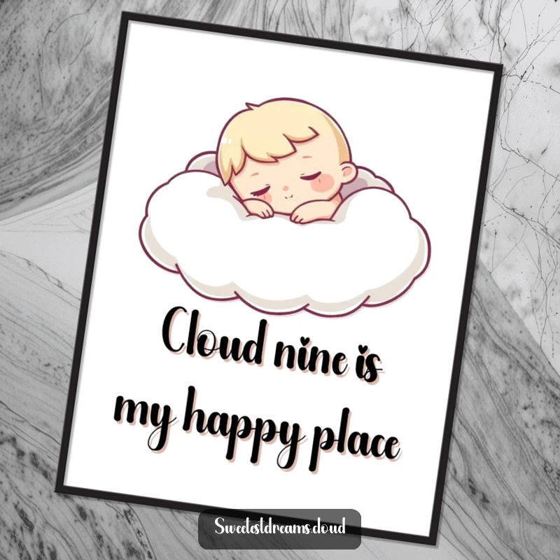 Funny Free Printable Wall Art showcasing a content sleepy character snuggled deeply into the softness of a big, puffy cloud.