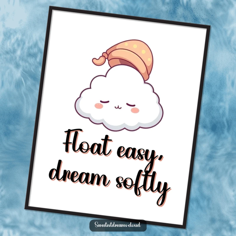 Funny Free Printable Wall Art of a cloud character in a sleeping cap gently floating, perfect for peaceful and humorous decor.