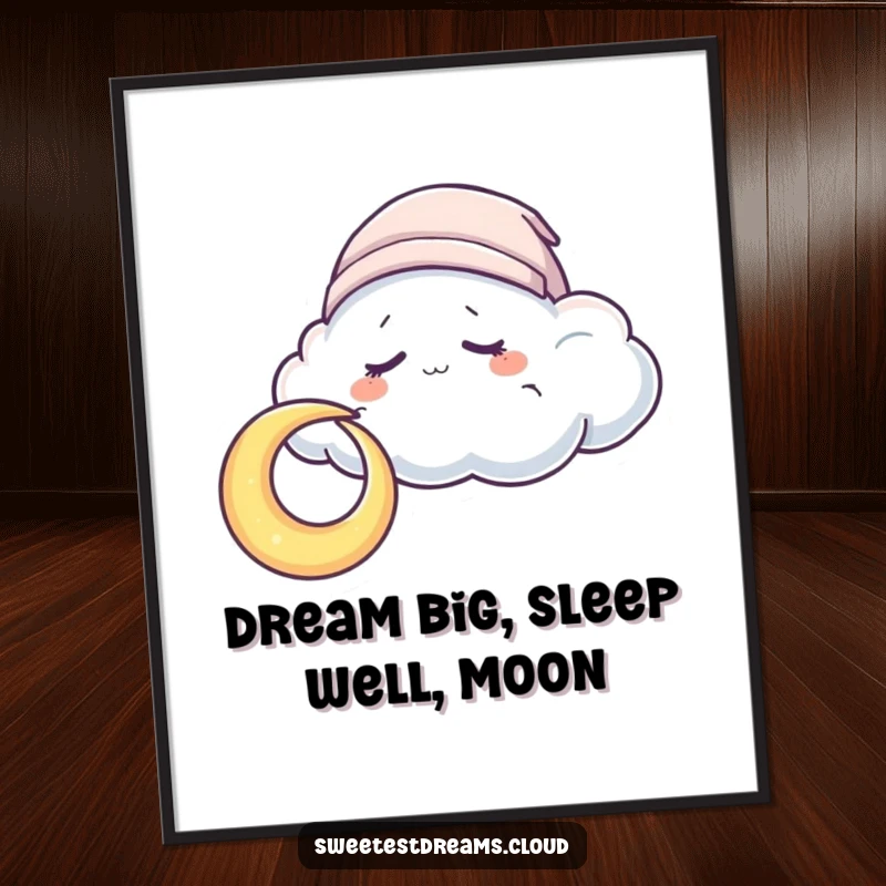 Funny Free Printable Wall Art: A cloud in a sleepy cap nuzzles a crescent moon, creating a serene scene.